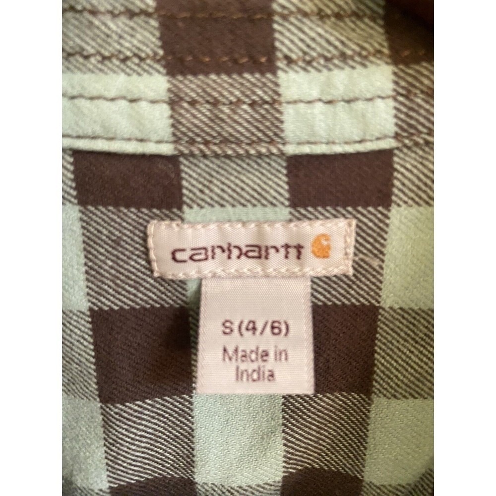 Carhartt Womens Small Green Brown Plaid Flannel Work Shirt Casual Button Up - Picture 6 of 9